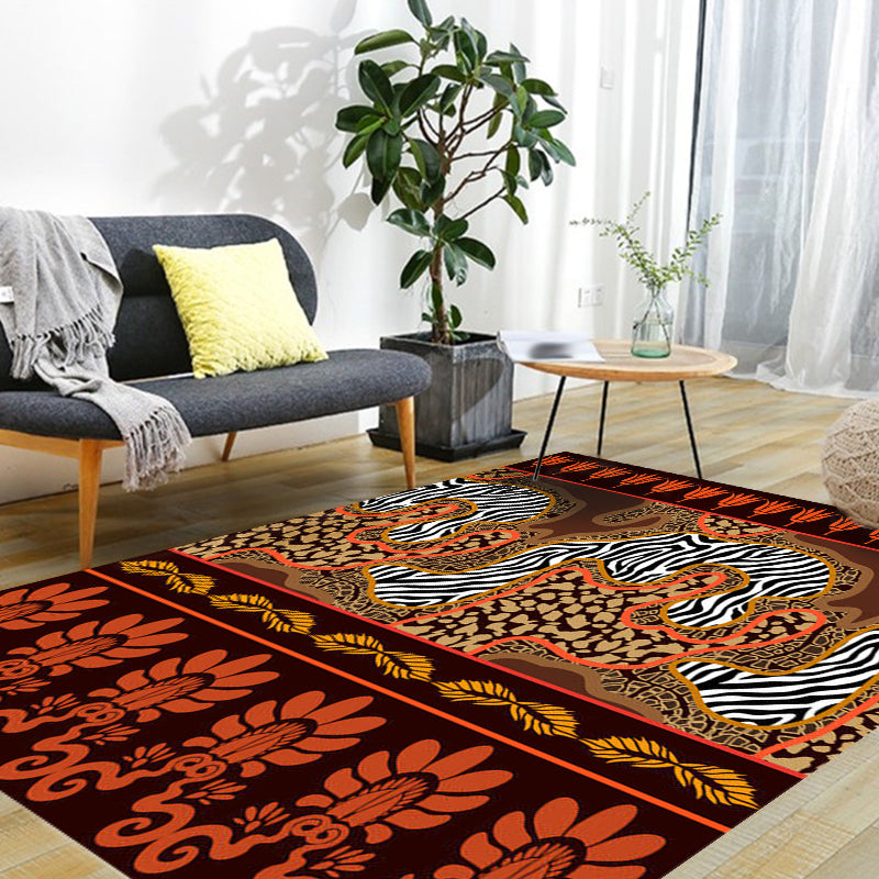 BowLift | Paisley and Leopard Tribal Rug in Orange Indian Americana Scroll Synthetic Flooring Pet Friendly Stain Resistant Indoor Carpet