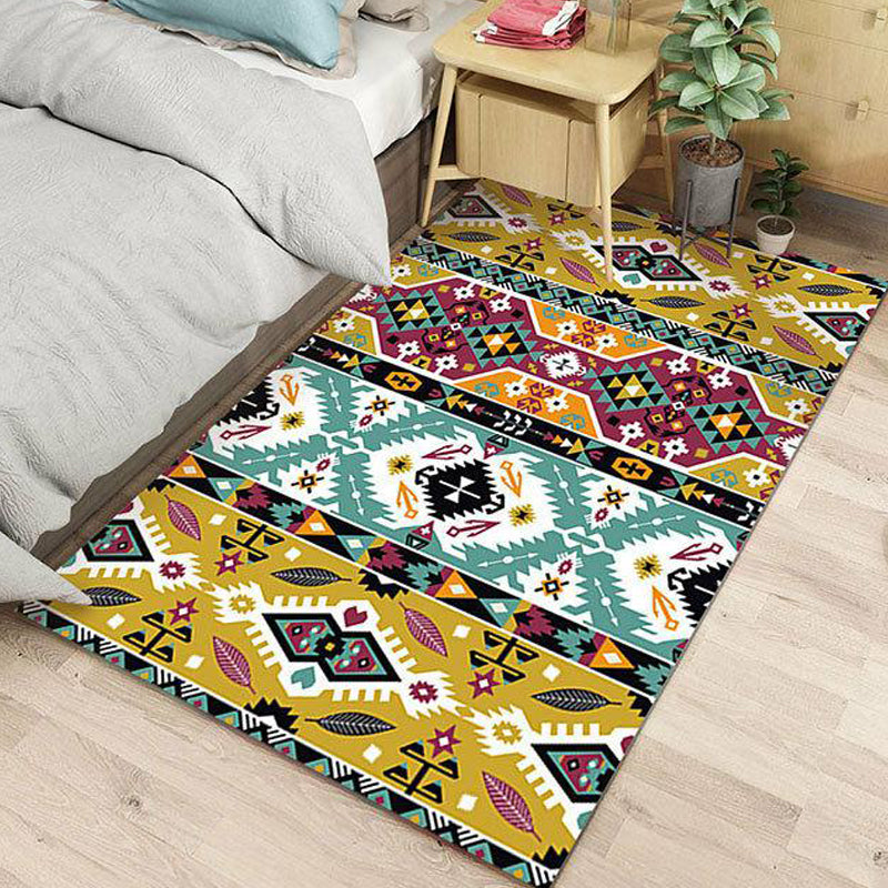 BowLift | Striped geometric Indian tribal rug with botanical motifs and bows, polyester stain-resistant rug in yellow and green