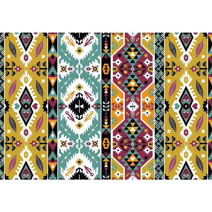 BowLift | Striped geometric Indian tribal rug with botanical motifs and bows, polyester stain-resistant rug in yellow and green