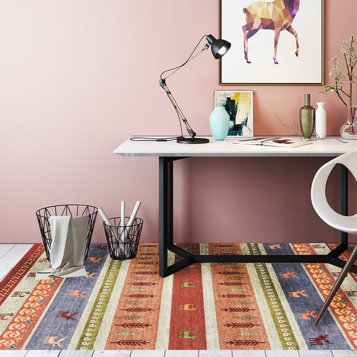 BowLift | Bohemian striped geometric rug with botanical and animal motifs synthetic non-slip backing pet-friendly area rug