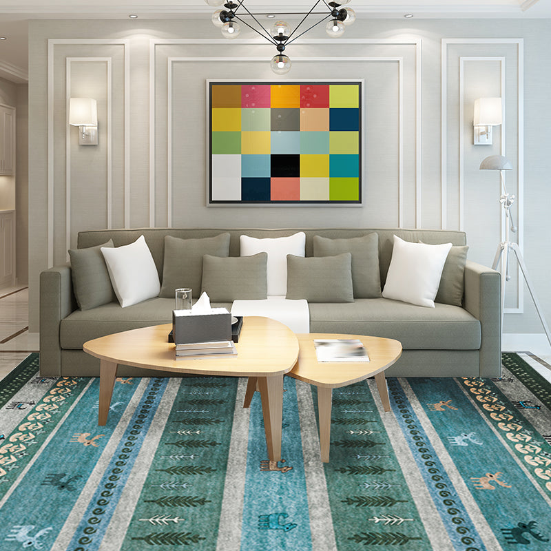 BowLift | Bohemian striped geometric rug with botanical and animal motifs synthetic non-slip backing pet-friendly area rug