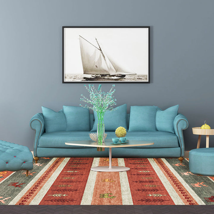 BowLift | Bohemian striped geometric rug with botanical and animal motifs synthetic non-slip backing pet-friendly area rug
