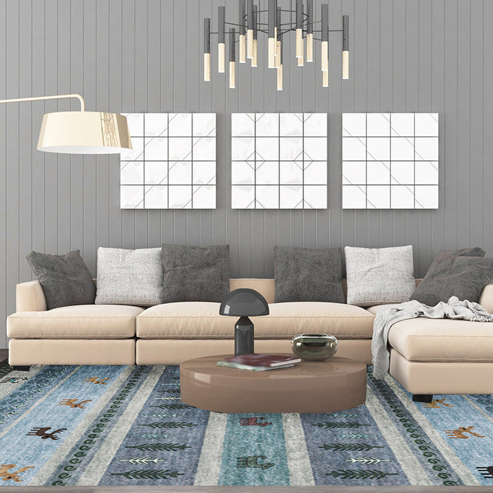 BowLift | Bohemian striped geometric rug with botanical and animal motifs synthetic non-slip backing pet-friendly area rug