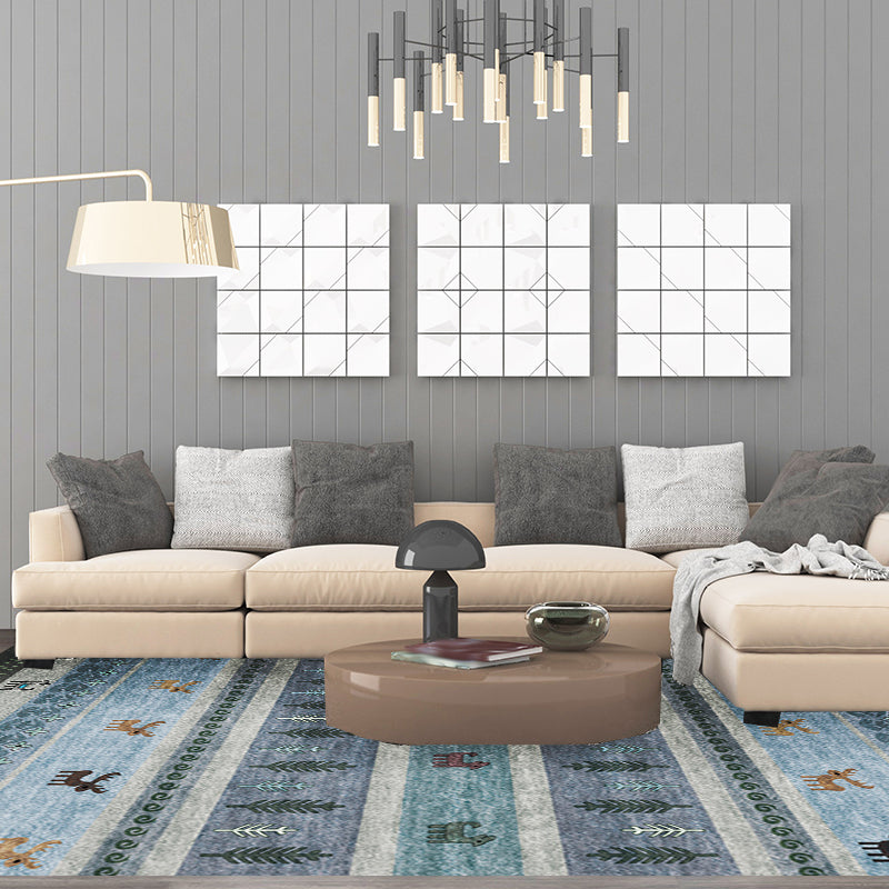 BowLift | Bohemian striped geometric rug with botanical and animal motifs synthetic non-slip backing pet-friendly area rug