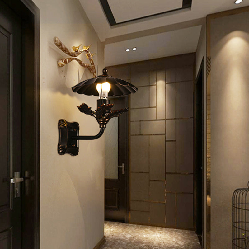 BowLift | Metal Bronze Wall Lamp Cone 1-Light Industrial Wall Lamp with Leaf Decoration and Square Back Plate