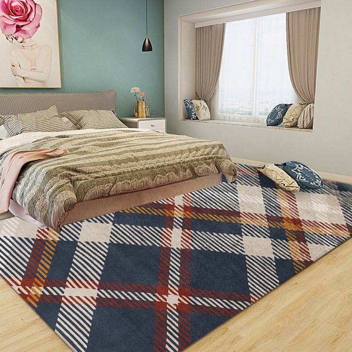 Red and blue modern rug polyester plaid rug washable non-slip backing rectangular rug for the living room | Bowlift