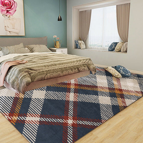 Red and blue modern rug polyester plaid rug washable non-slip backing rectangular rug for the living room | Bowlift