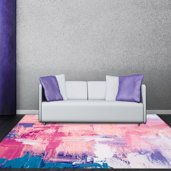 Modern bedroom rug in pink abstract painting print rug polyester washable area rug | Bowlift