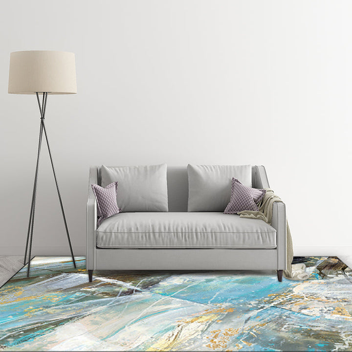 Modern rug for the living room in blue abstract marble pattern rug polyester washable rug | Bowlift