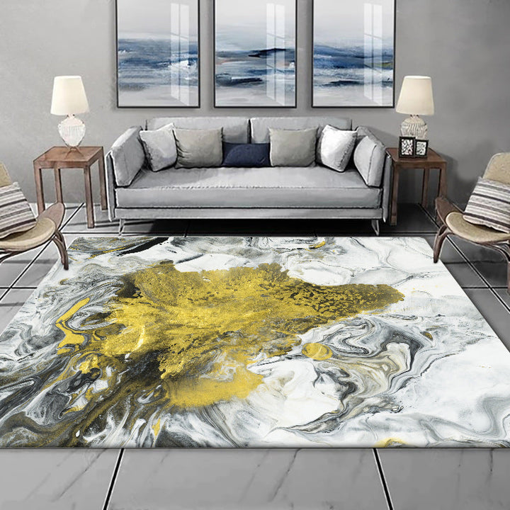 Modern living room rug in white and yellow abstract paint pattern rug polyester washable rug | Bowlift