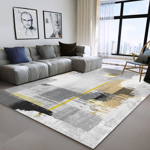 White and yellow funky rug wool leather striped color block rug washable rectangular rug for the bedroom | Bowlift