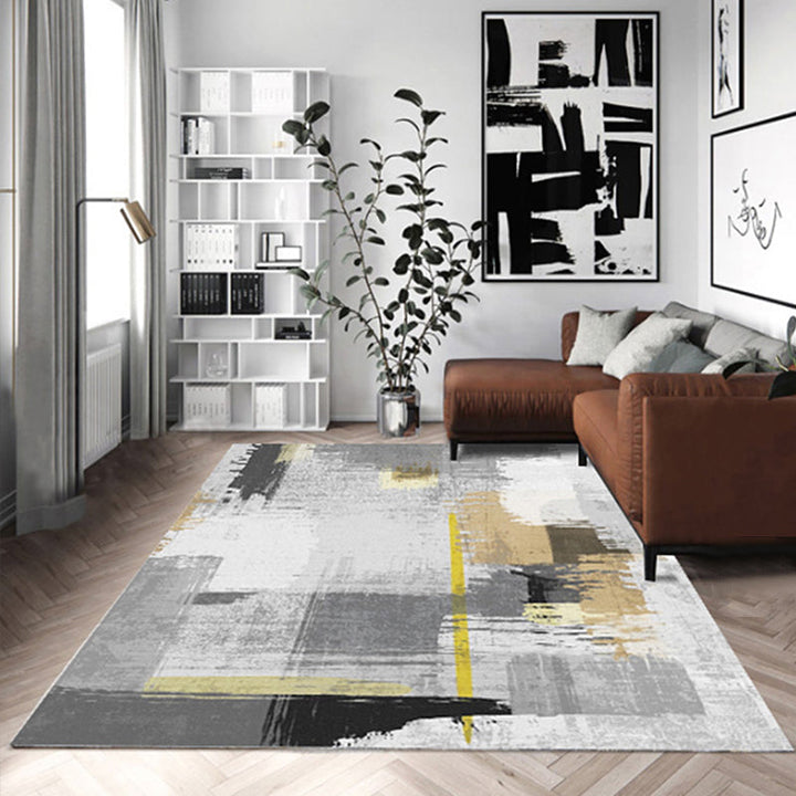 White and yellow funky rug wool leather striped color block rug washable rectangular rug for the bedroom | Bowlift