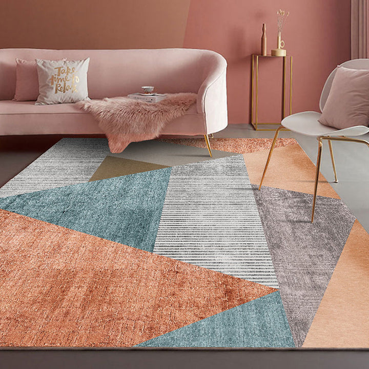 Orange and blue modern rug polyester striped geometric color block rug washable non-slip backing rectangular rug for the bedroom | Bowlift