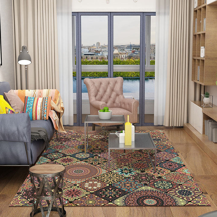 BowLift | Persian Moroccan rug in brown floral circle square print area rug polyester non-slip rug for living room