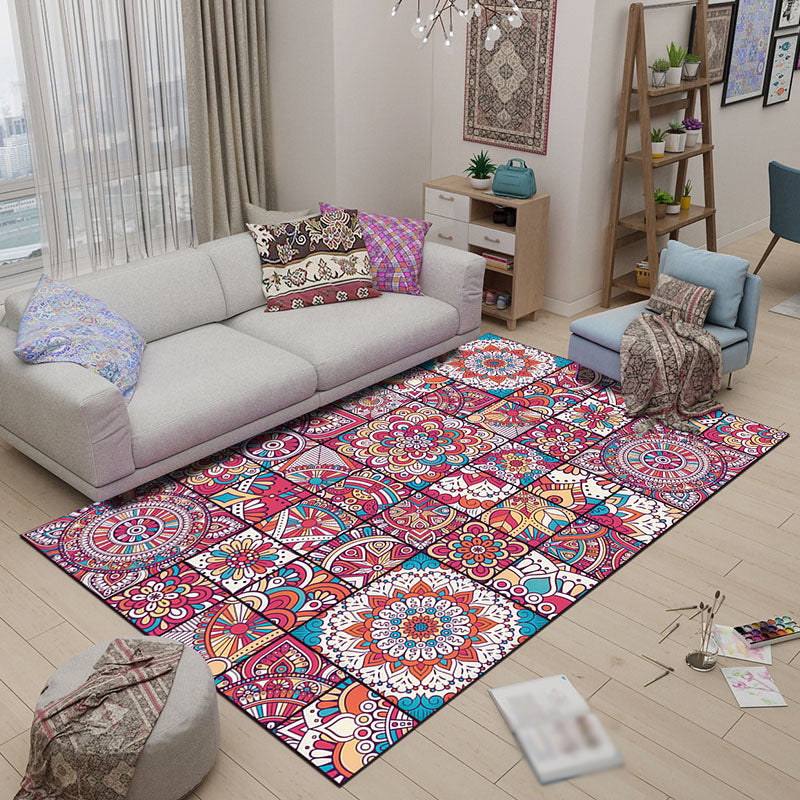 BowLift | Mediterranean-Moroccan diamond pattern multicolored floral square rug made of polyester non-slip mat for the living room