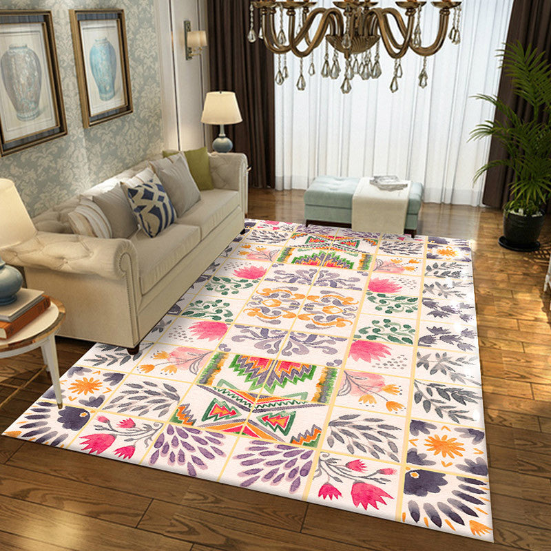BowLift | Moroccan Living Room Rug in White Floral Leaf Circle Print Rug Polyester Non-Slip Floor Mat