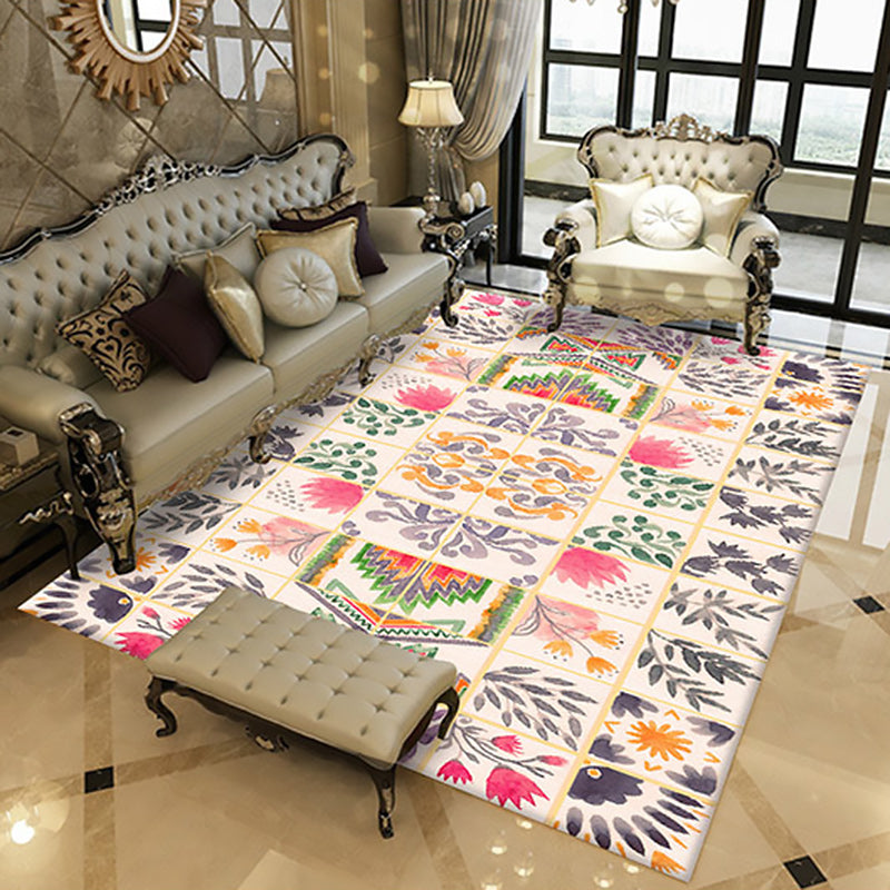 BowLift | Moroccan Living Room Rug in White Floral Leaf Circle Print Rug Polyester Non-Slip Floor Mat