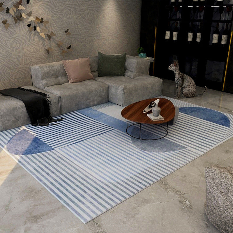 Blue and Gray Simple Rug Polyester Striped Abstract Color Block Rug Washable Rectangular Rug for the Living Room | Bowlift