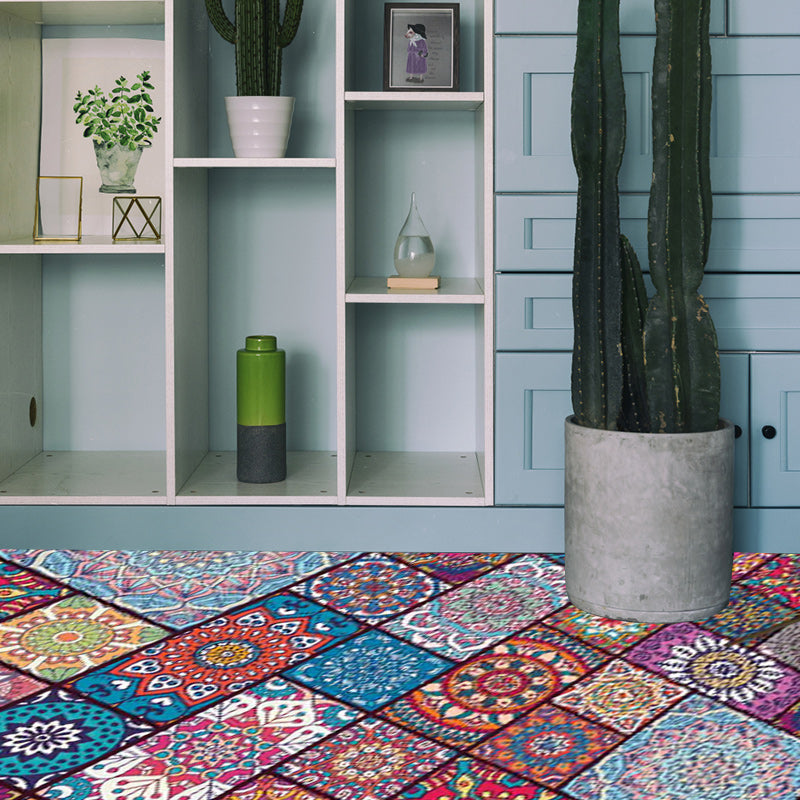 BowLift | Mediterranean Moroccan Carpet Multicolored Flowers Square Pattern Area Rug Polyester Machine Washable Non-Slip Rug for Living Room