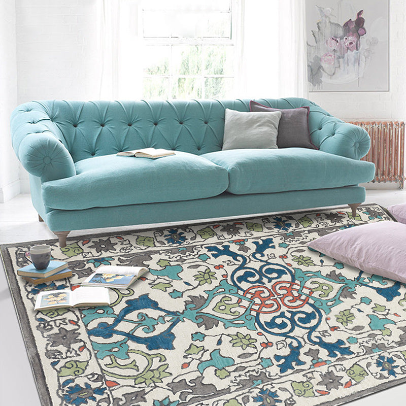 BowLift | Moroccan living room wallpaper in ivory leaf pattern printed carpet polyester non-slip rug