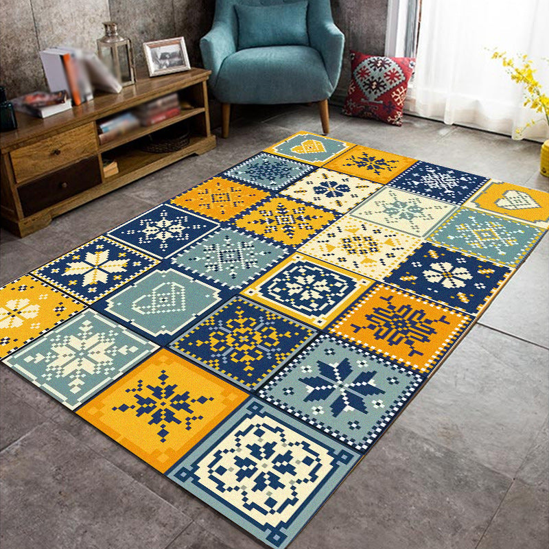 BowLift | Moroccan Living Room Rug in Yellow and Blue Geometric Snowflake Dots Print Rug Polyester Non-Slip Rug