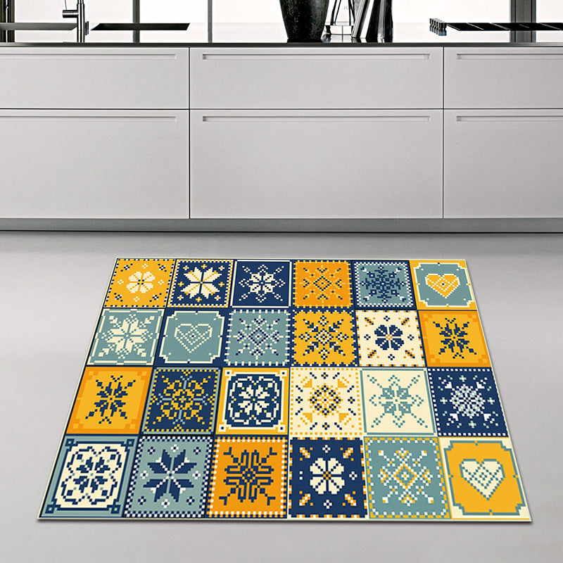 BowLift | Moroccan Living Room Rug in Yellow and Blue Geometric Snowflake Dots Print Rug Polyester Non-Slip Rug
