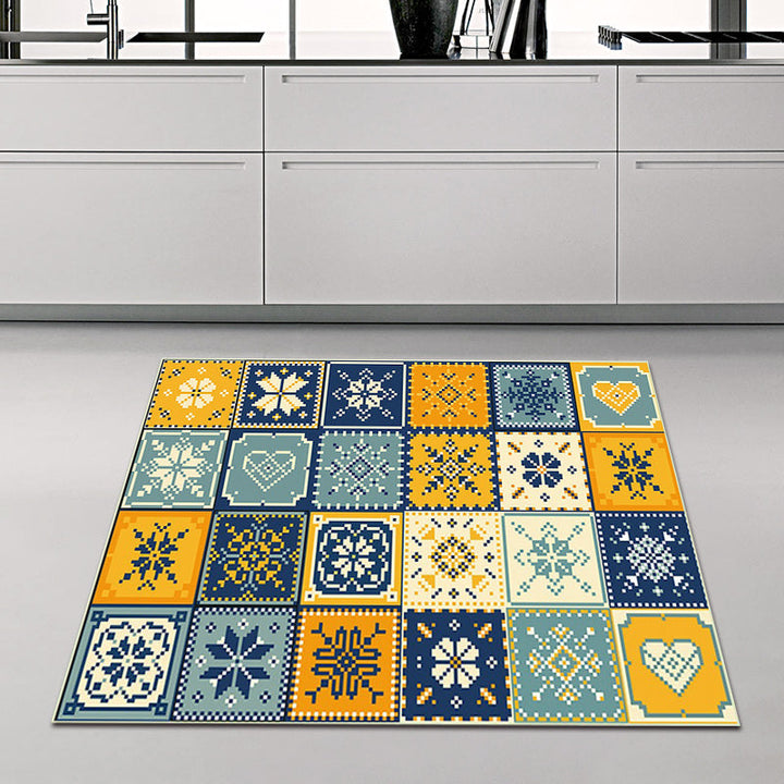 BowLift | Moroccan Living Room Rug in Yellow and Blue Geometric Snowflake Dots Print Rug Polyester Non-Slip Rug