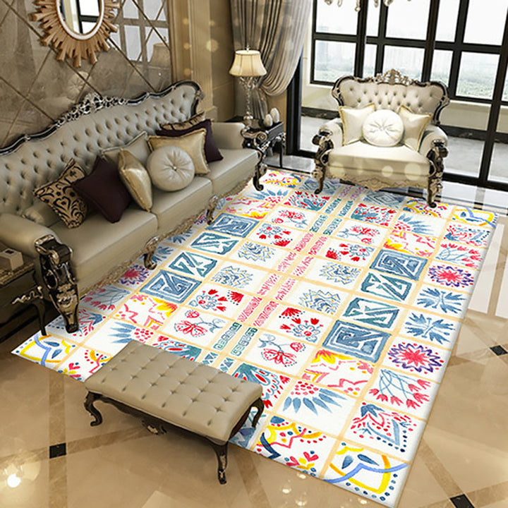 BowLift | Yellow Moroccan carpet Polyester flowers Greek key square pattern rug non-slip rug for bedroom