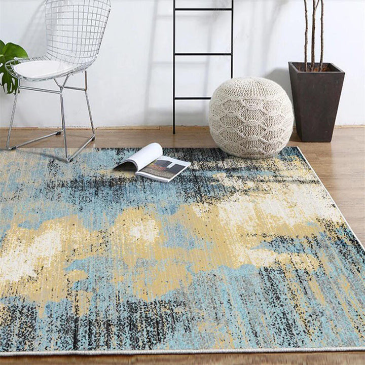 Modern living room rug in blue and yellow abstract color block pattern rug polyester washable rug | Bowlift