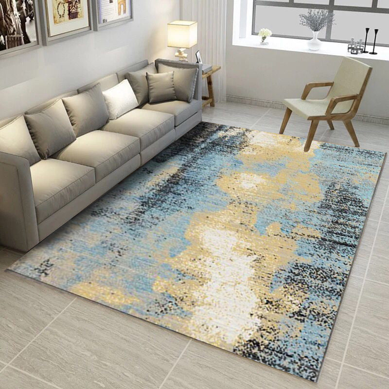 Modern living room rug in blue and yellow abstract color block pattern rug polyester washable rug | Bowlift
