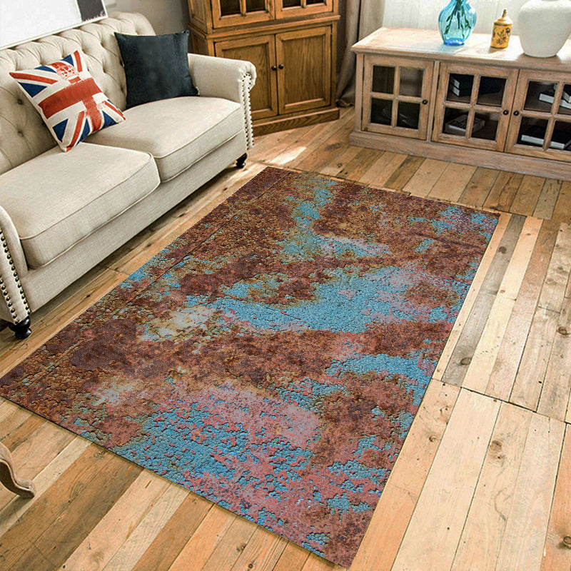Modern living room rug in brown and blue abstract rust pattern rug polyester washable area rug | Bowlift