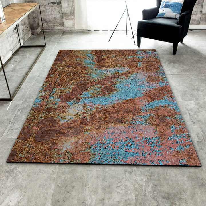 Modern living room rug in brown and blue abstract rust pattern rug polyester washable area rug | Bowlift