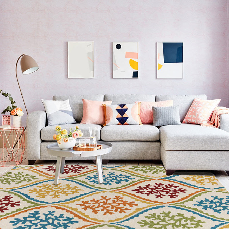BowLift | Persian Leaf Branch Pattern Rug in Ivory Moroccan Rug Polyester Non-Slip Back Rug for Bedroom