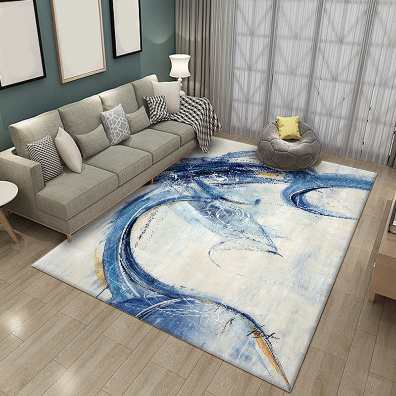 Blue and White Modern Carpet Polyester Abstract Carpet Non-Slip Back Washable Carpet for the Living Room | Bowlift