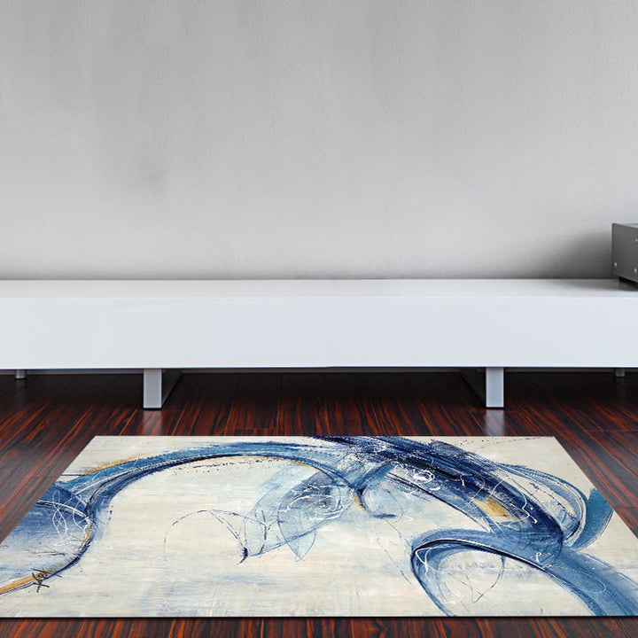 Blue and White Modern Carpet Polyester Abstract Carpet Non-Slip Back Washable Carpet for the Living Room | Bowlift