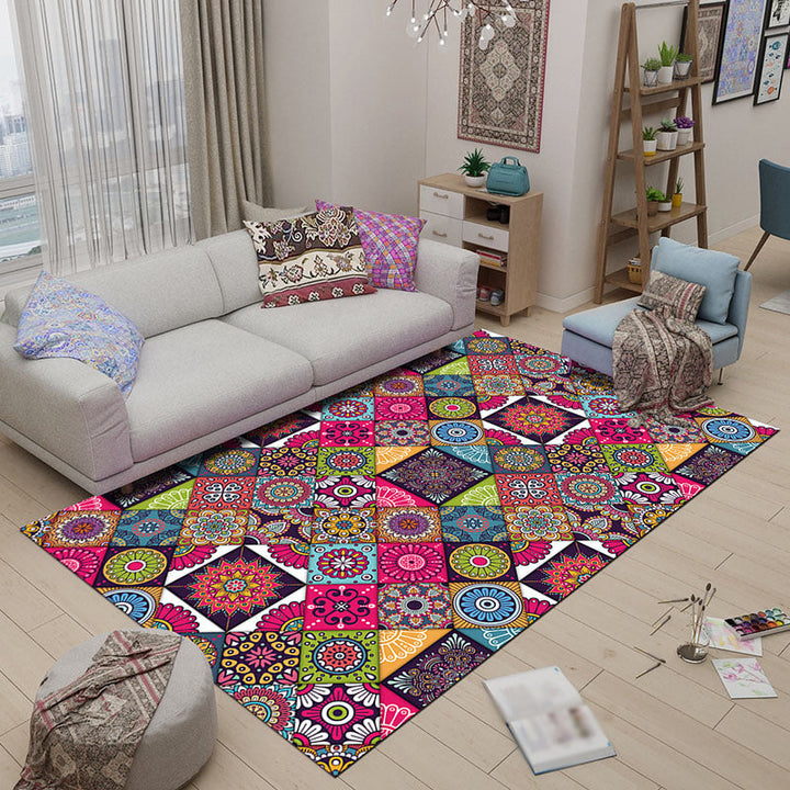 BowLift | Multicolored Bedroom Rug Moroccan Diamond Flower Pattern Rug Polyester Non-Slip Back Rug