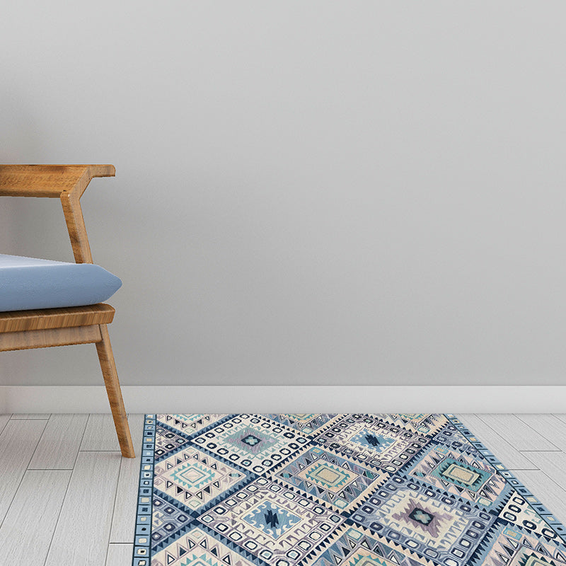 BowLift | Persian Moroccan carpet in blue and white geometric triangle diamond print carpet polyester non-slip carpet for home decor