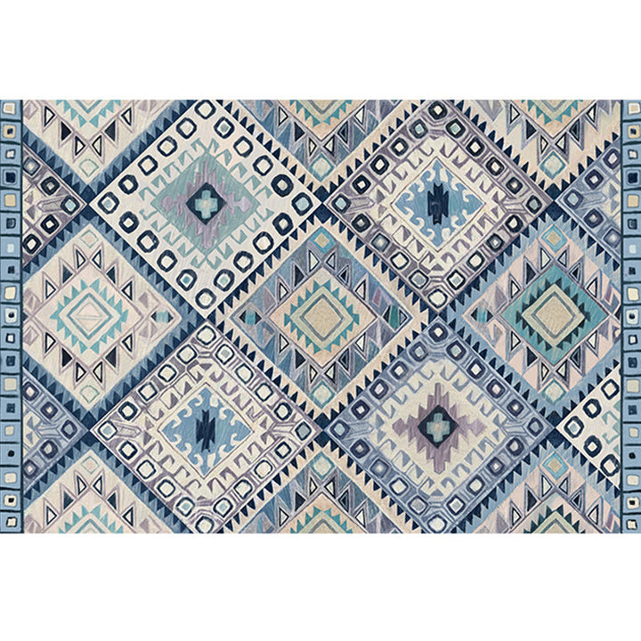 BowLift | Persian Moroccan carpet in blue and white geometric triangle diamond print carpet polyester non-slip carpet for home decor