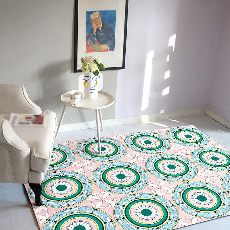 BowLift | Moroccan Flower Circle Pattern Rug in Pink Polyester Floor Mat with Non-Slip Back Rug for Living Room