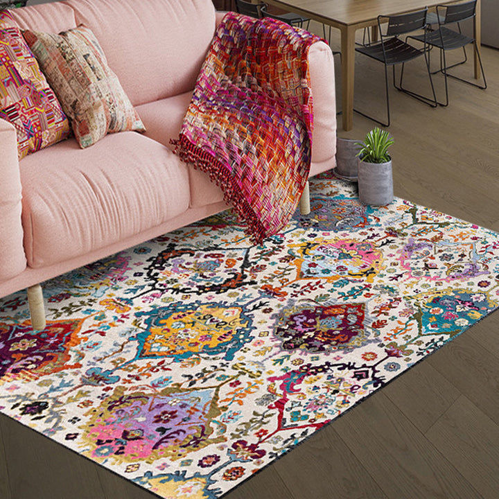 BowLift | Moroccan living room rug in white petal pattern polyester non-slip doormat