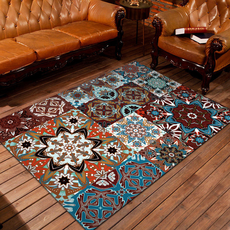 BowLift | Mediterranean Flower Cross Print Rug Colorful Moroccan Rug Polyester Non-Slip Back Rug for Bedroom