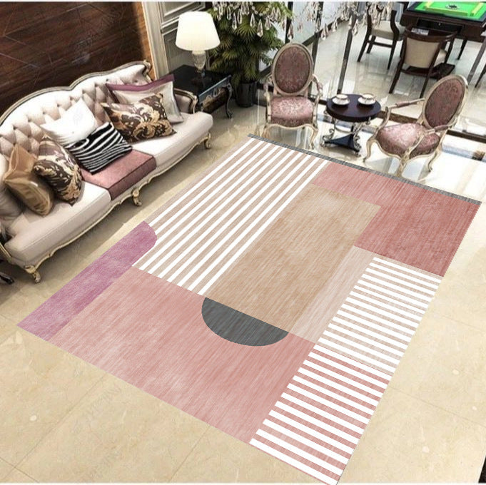 Pink and White Modern Rug Polyester Geometric Striped Color Block Rug Washable Soft Rectangular Rug for the Living Room | Bowlift
