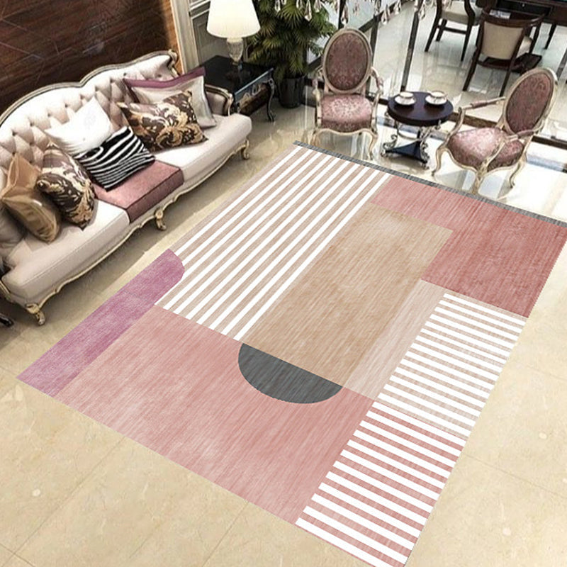 Pink and White Modern Rug Polyester Geometric Striped Color Block Rug Washable Soft Rectangular Rug for the Living Room | Bowlift