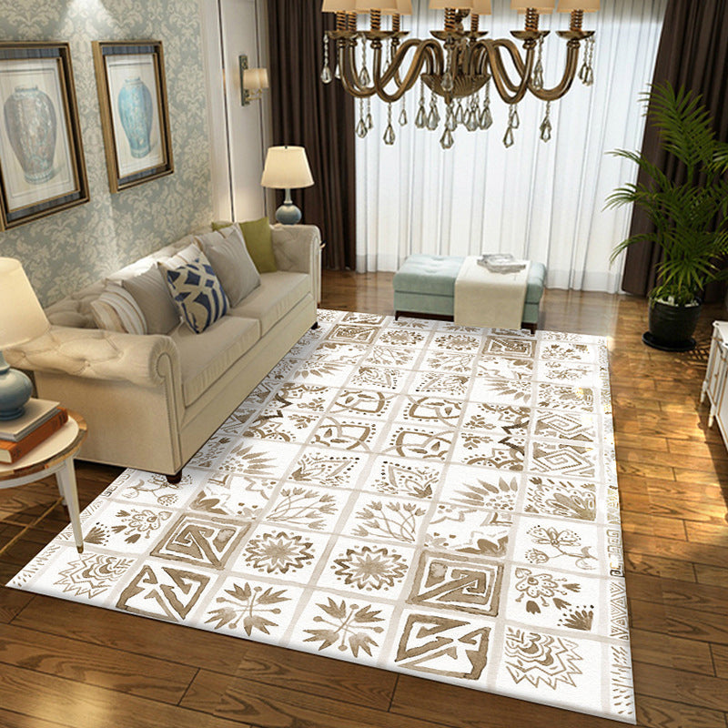 BowLift | Oriental Flower Square Pattern Carpet in White Moroccan Carpet Polyester Non-Slip Back Carpet for Bedroom
