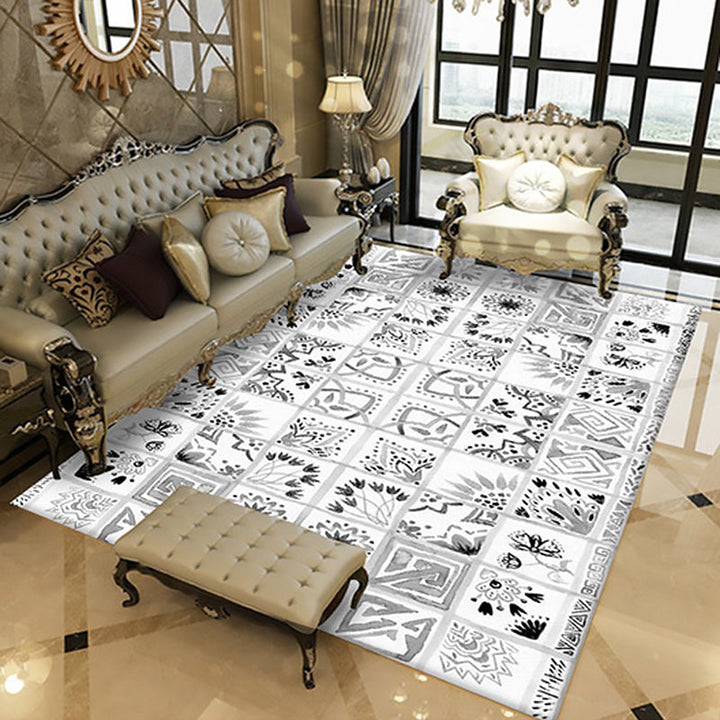 BowLift | Oriental Flower Square Pattern Carpet in White Moroccan Carpet Polyester Non-Slip Back Carpet for Bedroom