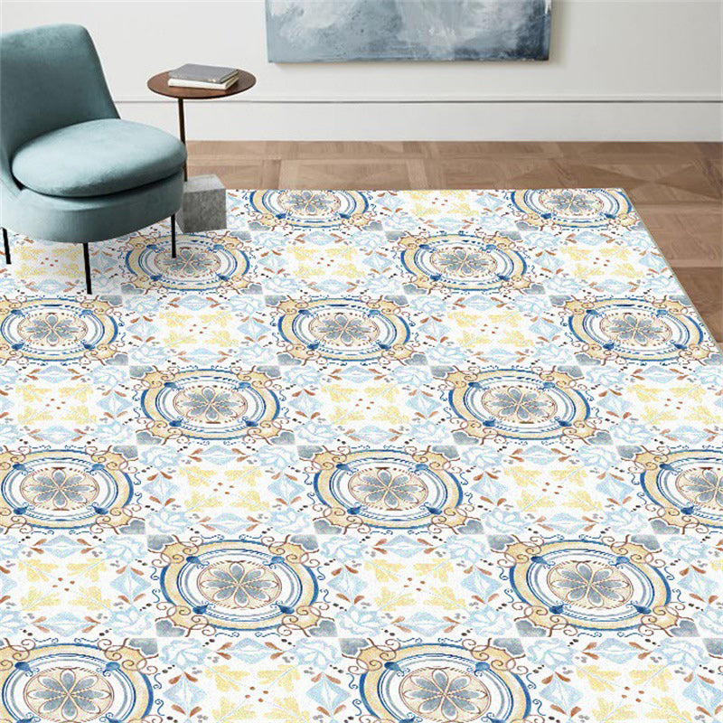 BowLift | Moroccan living room rug in blue and yellow floral circle print carpet polyester non-slip rug