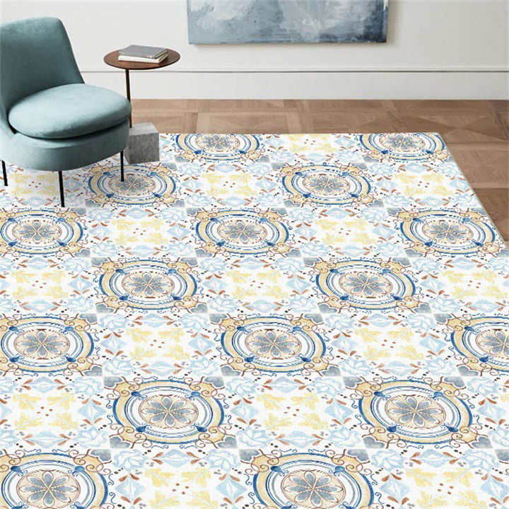 BowLift | Moroccan living room rug in blue and yellow floral circle print carpet polyester non-slip rug