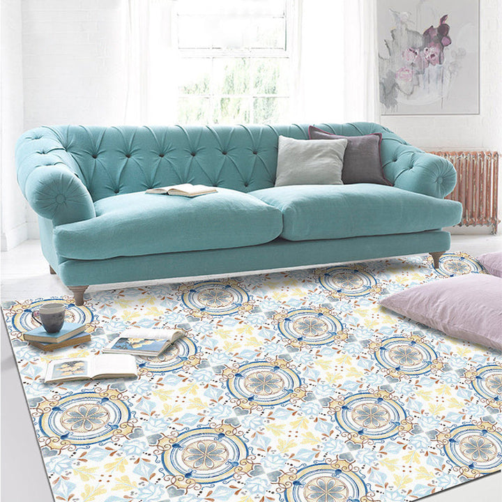 BowLift | Moroccan living room rug in blue and yellow floral circle print carpet polyester non-slip rug