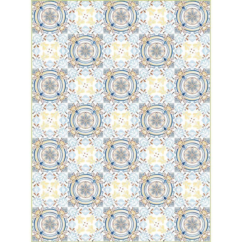 BowLift | Moroccan living room rug in blue and yellow floral circle print carpet polyester non-slip rug