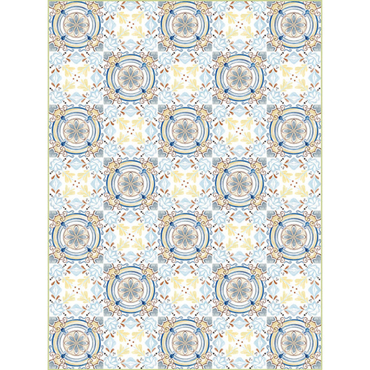 BowLift | Moroccan living room rug in blue and yellow floral circle print carpet polyester non-slip rug